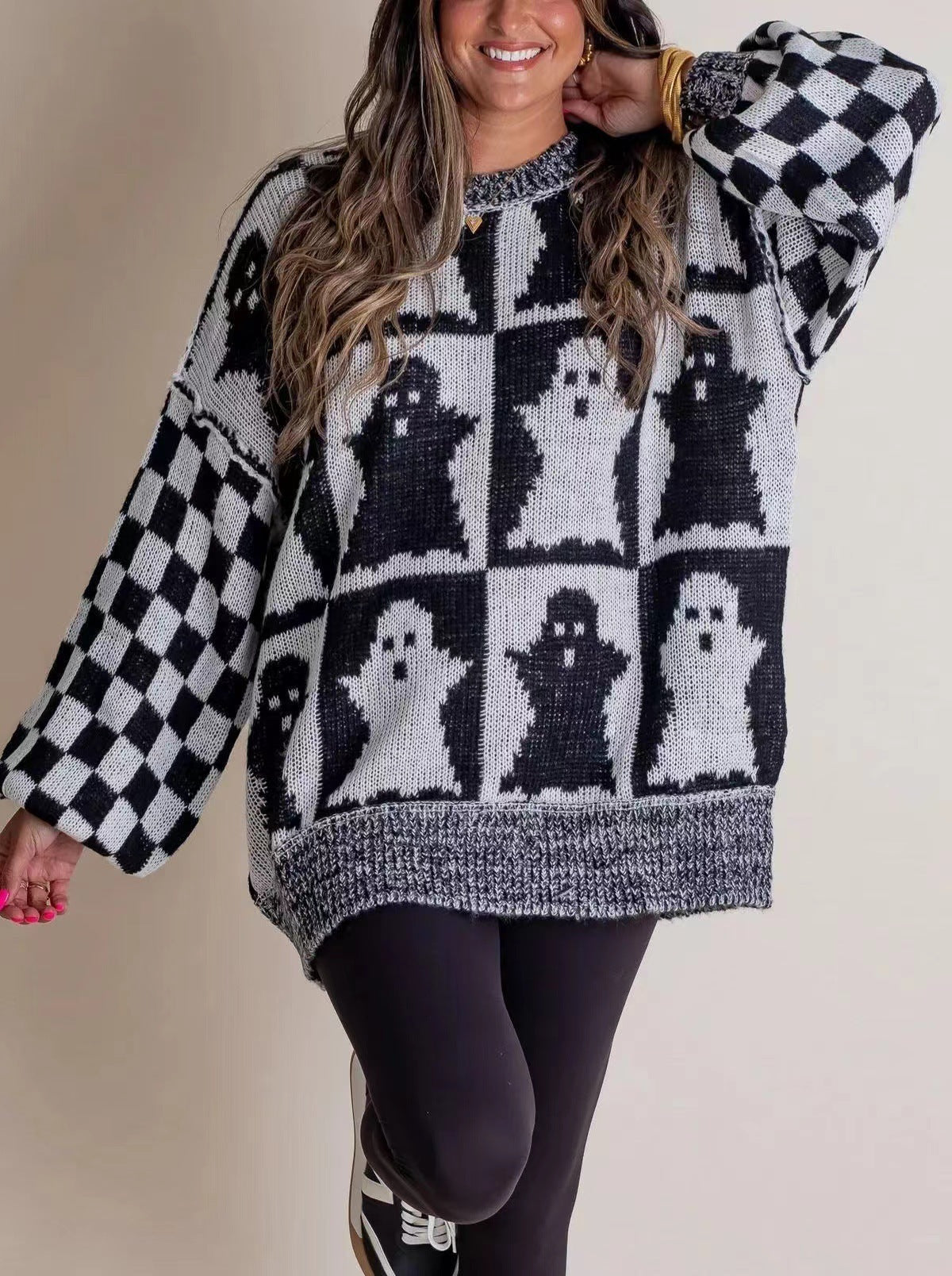 Halloween Cartoon Pumpkin Ghost Sweater Winter Loose Pullover Knitted Top Fashion Women's Clothing GO buy