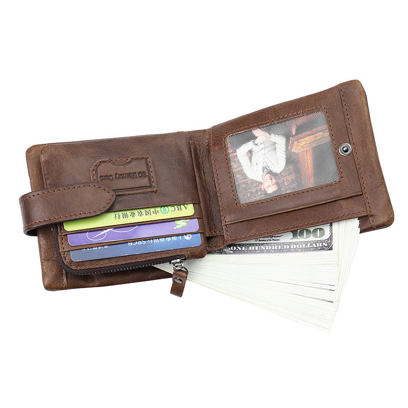 First Layer Cowhide Men's Wallet Vintage Zipper Buckle Leather Short Wallet GO Buy
