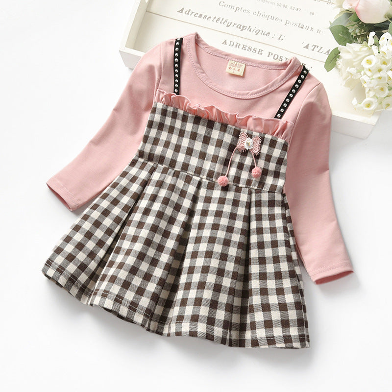 Factory Autumn Rivet Plaid Long Sleeve Children Girl Dress Girl Fake Two-piece Lace Princess Dress GO buy