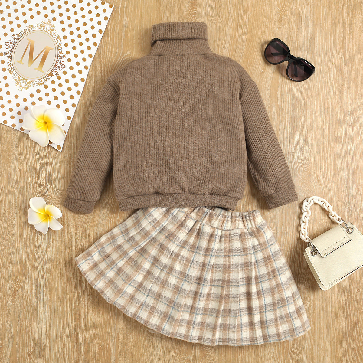 Sweater Knitted Bottoming Shirt Plaid Skirt Two Piece Set GO buy