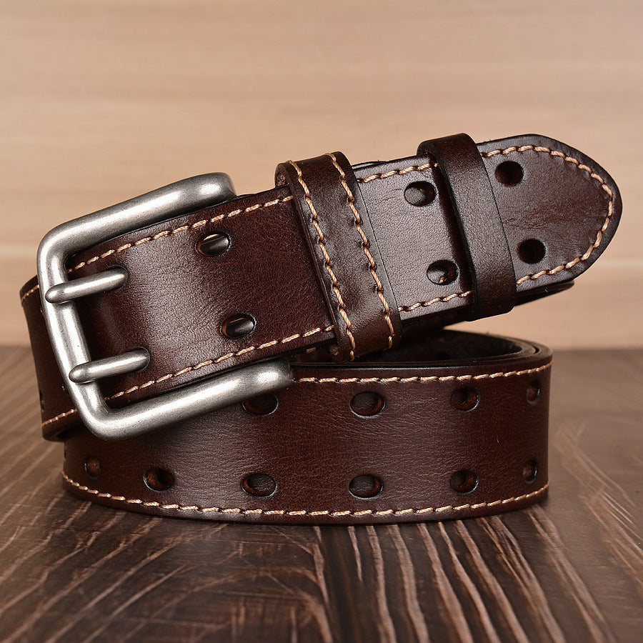 Double Pin Buckle First Layer Cowhide Belt Fashion Belt Men's Cowhide Belt Men's Casual Jeans Strap GO Buy