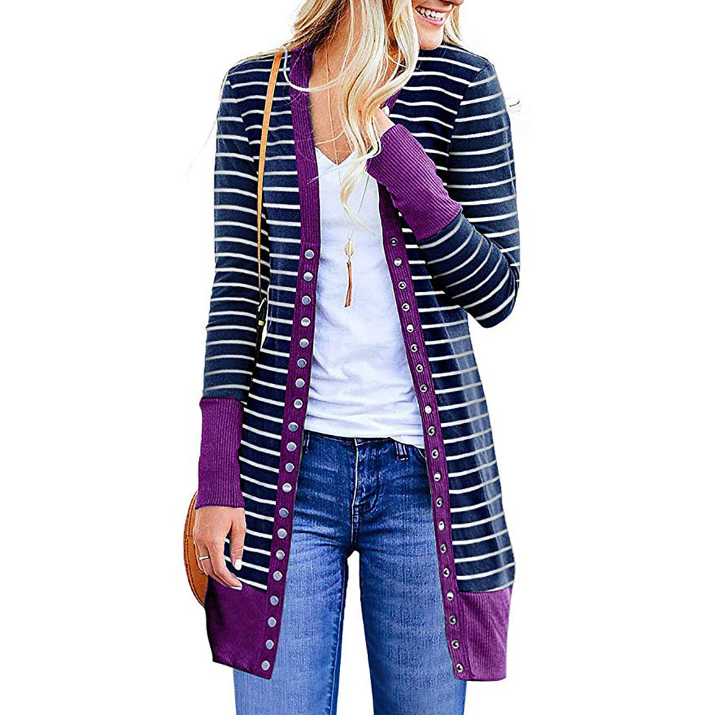 Autumn And Winter Plus Size Women's Fashionable Mid-length Button Striped Cardigan Gobuy Fashion
