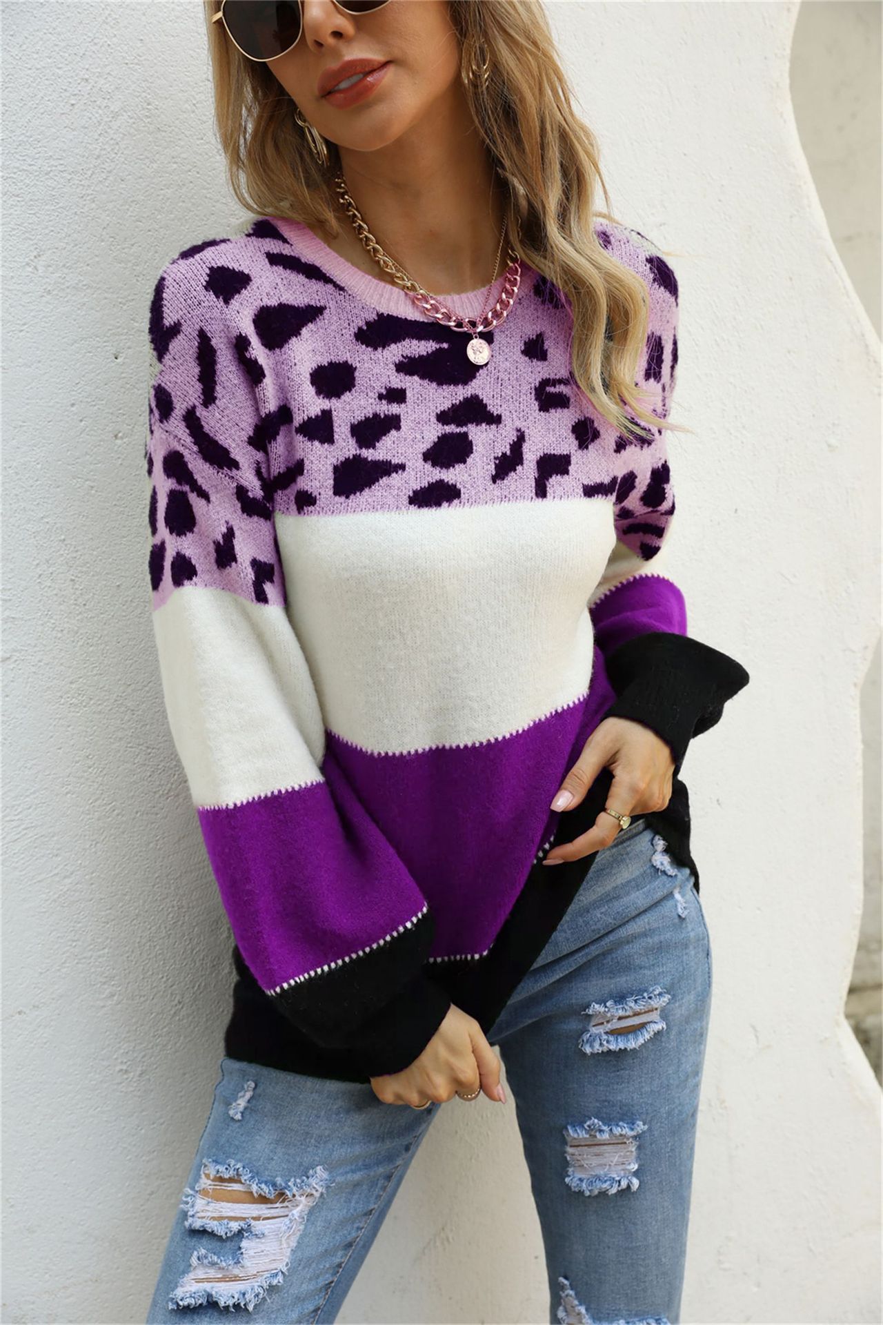 European And American Stitching Leopard Print Plus Size Crew Neck Pullover Sweater GO buy