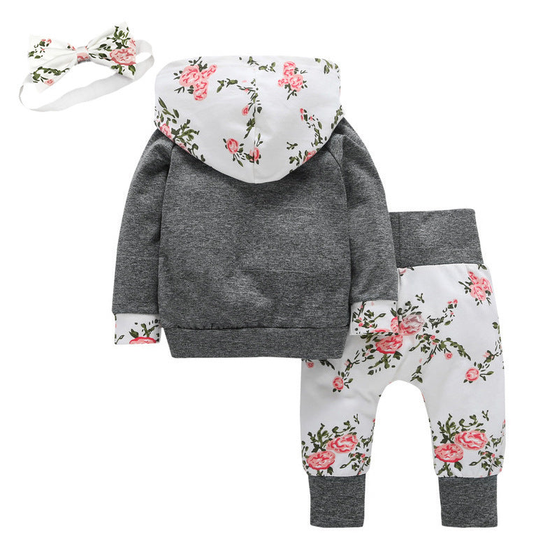 Lucia Floral Hoodie Set Long Sleeve Fashion Hooded Floral European And American Baby Boys Three-Piece Set GO buy