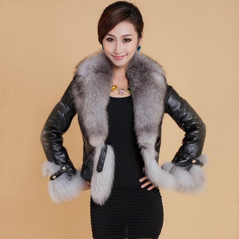 Best-selling Autumn Winter Jacket Woman Fur Coat Fashion Fox Fur Collar Women Coat Slim Short PU Leather Coat GO buy