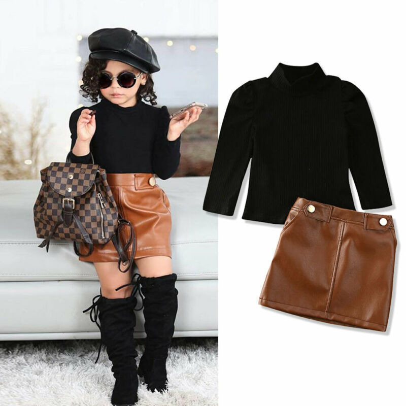 Two-piece girl's long-sleeved blouse with button pocket leather skirt GO buy