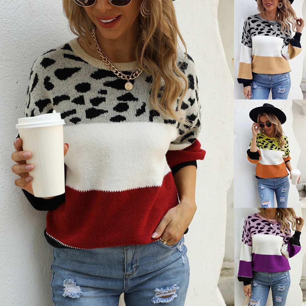European And American Stitching Leopard Print Plus Size Crew Neck Pullover Sweater GO buy