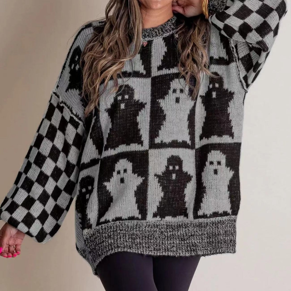 Halloween Cartoon Pumpkin Ghost Sweater Winter Loose Pullover Knitted Top Fashion Women's Clothing GO buy