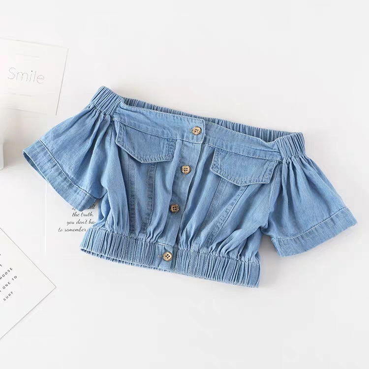 Girls Korean Version Denim Two-piece High-waisted Short-sleeved Top GO buy