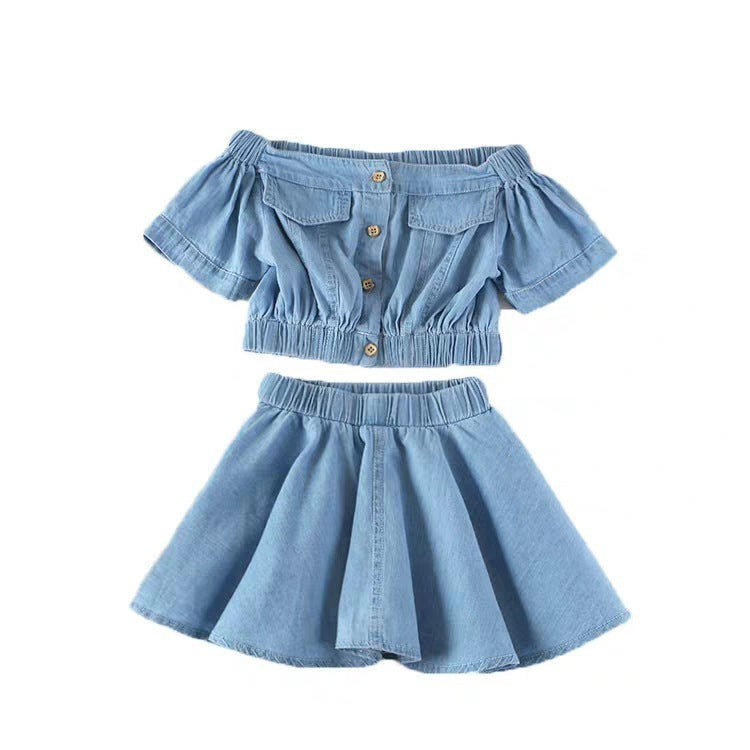 Girls Korean Version Denim Two-piece High-waisted Short-sleeved Top GO buy