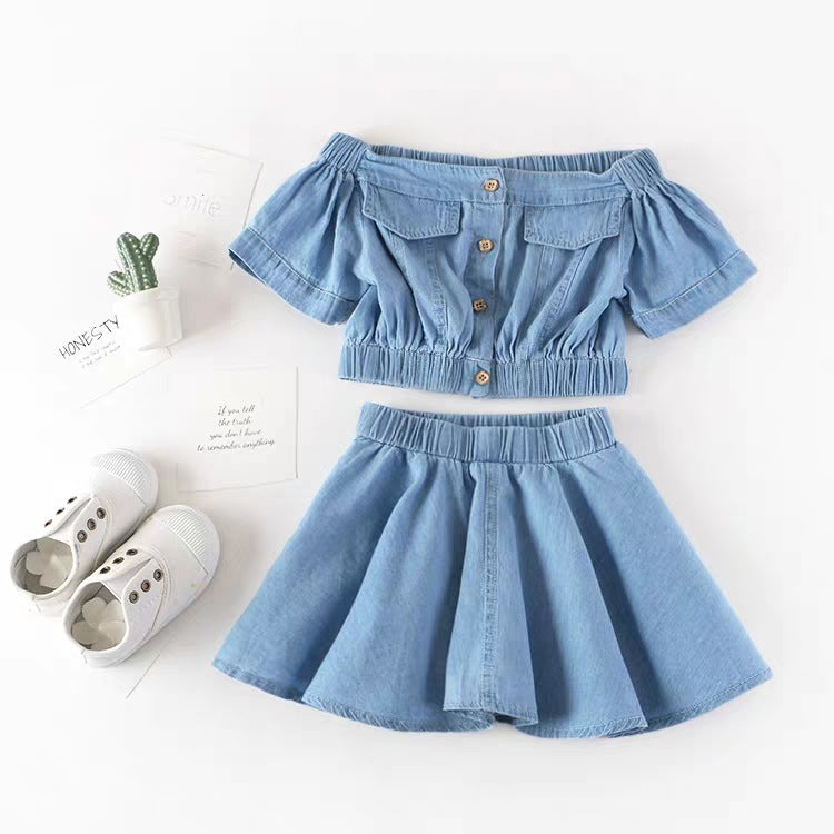 Girls Korean Version Denim Two-piece High-waisted Short-sleeved Top GO buy