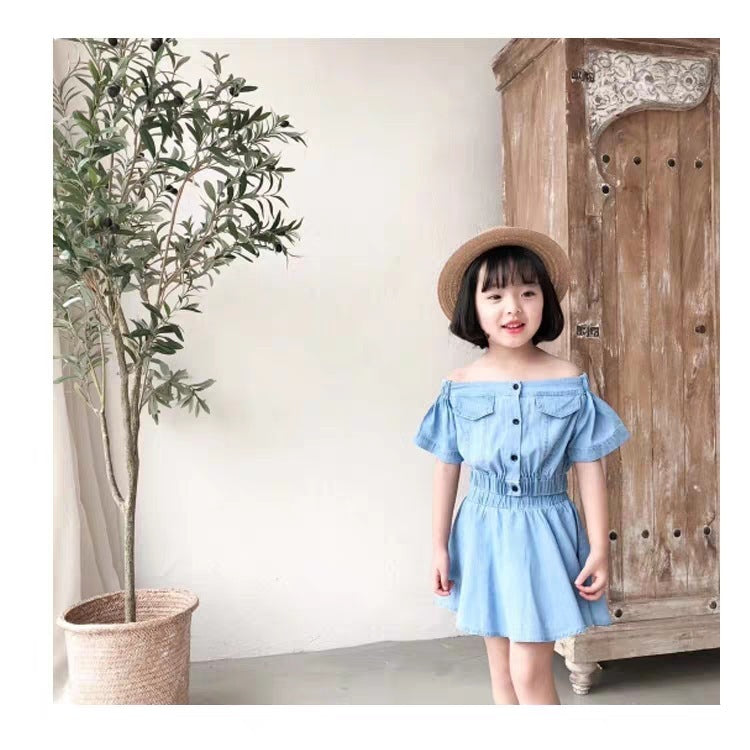 Girls Korean Version Denim Two-piece High-waisted Short-sleeved Top GO buy
