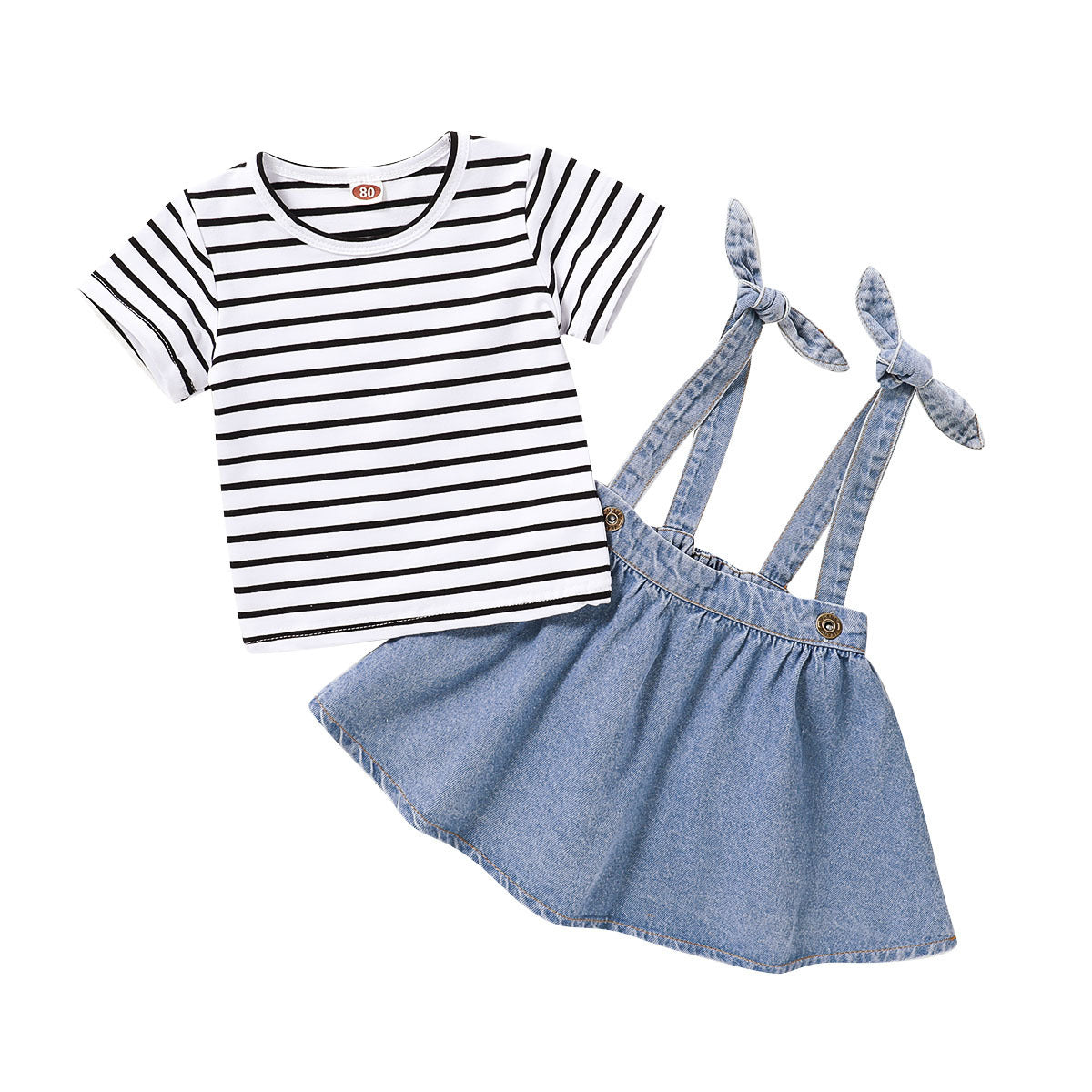 Girls' Striped Short-sleeved Blouse And Suspender Skirt Suit GO buy