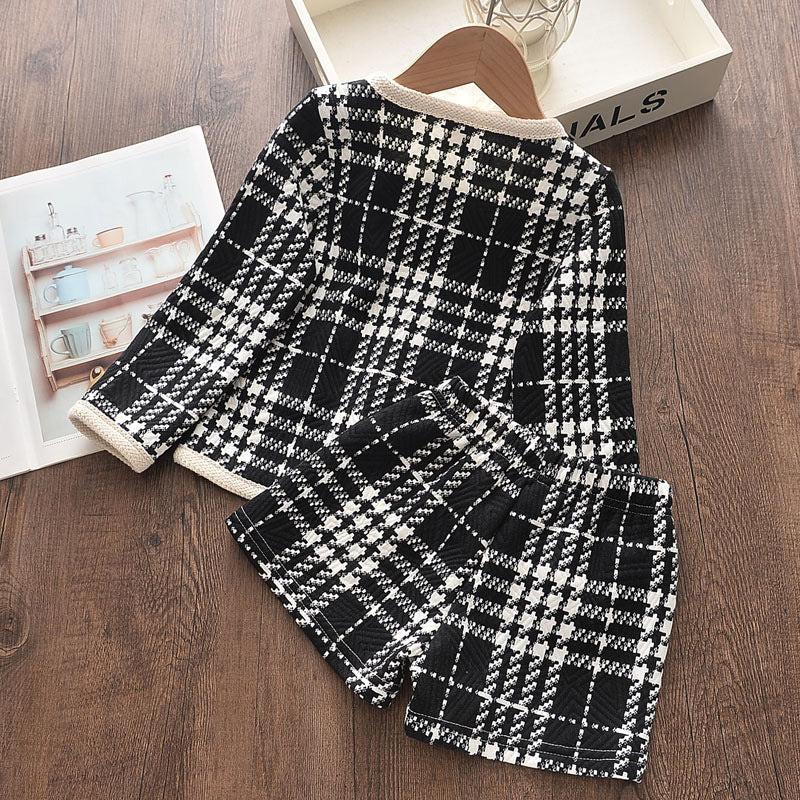 Spring and Autumn Korean Girls Plaid Suit Pants Little Girl Net Red Ocean Long Sleeve Top Shorts Two-piece Set GO buy