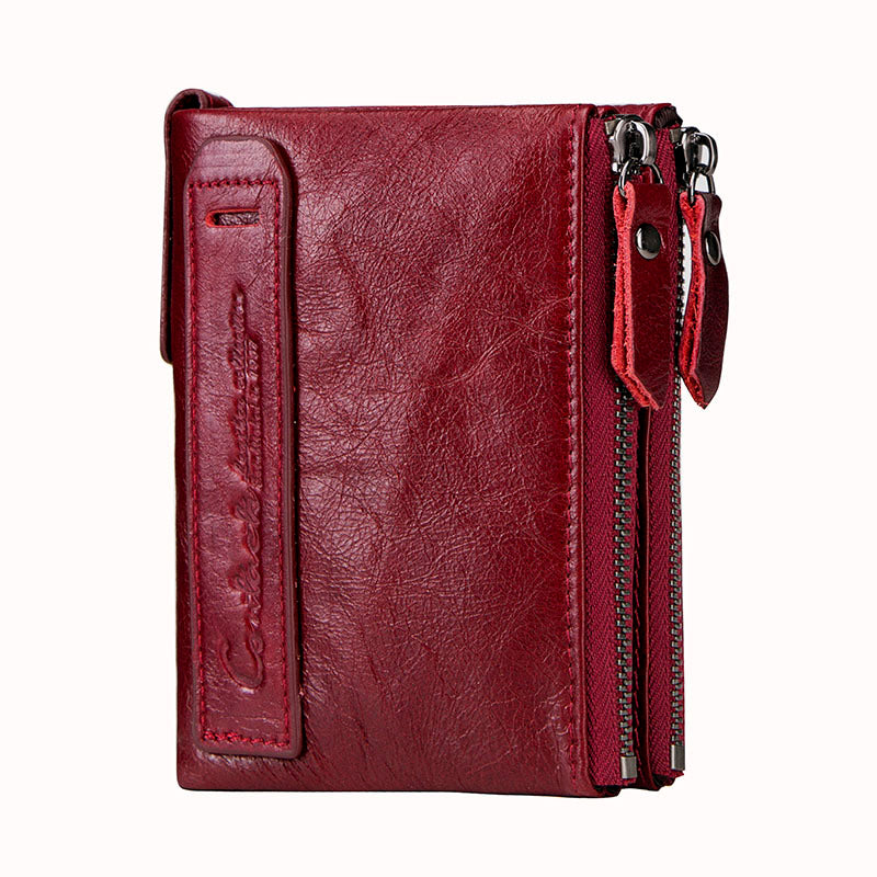 Black Angel Leather Men's Wallet Short Fashion Coin Purse Crazy Horse Cowhide Double Zipper Wallet GO Buy