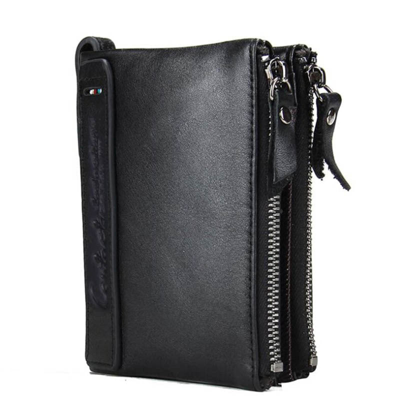 Black Angel Leather Men's Wallet Short Fashion Coin Purse Crazy Horse Cowhide Double Zipper Wallet GO Buy