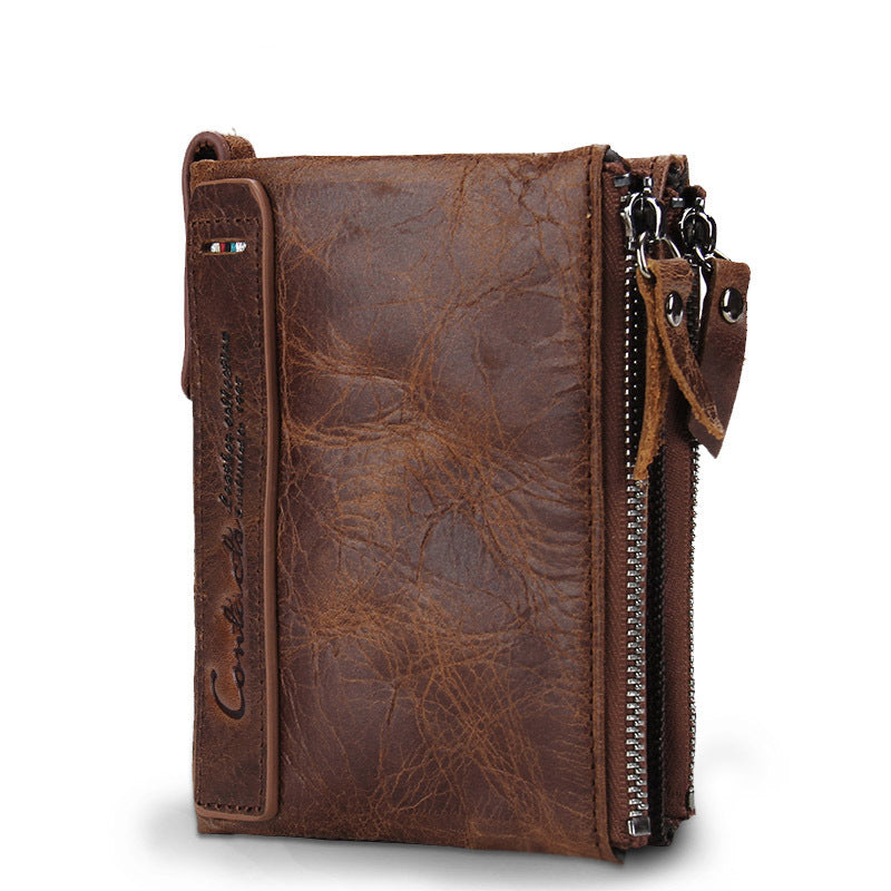 Black Angel Leather Men's Wallet Short Fashion Coin Purse Crazy Horse Cowhide Double Zipper Wallet GO Buy