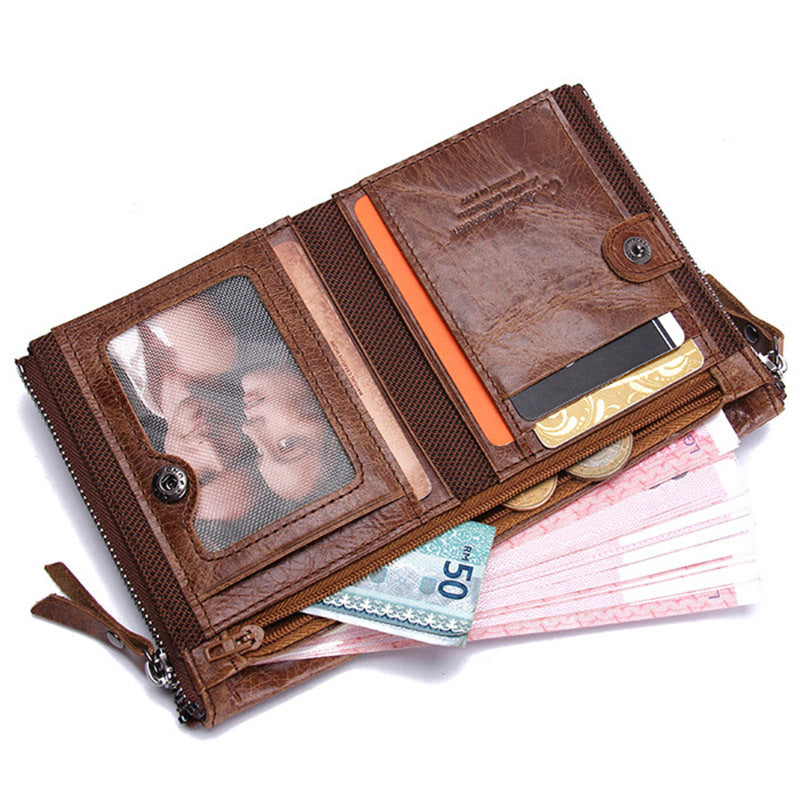 Black Angel Leather Men's Wallet Short Fashion Coin Purse Crazy Horse Cowhide Double Zipper Wallet GO Buy