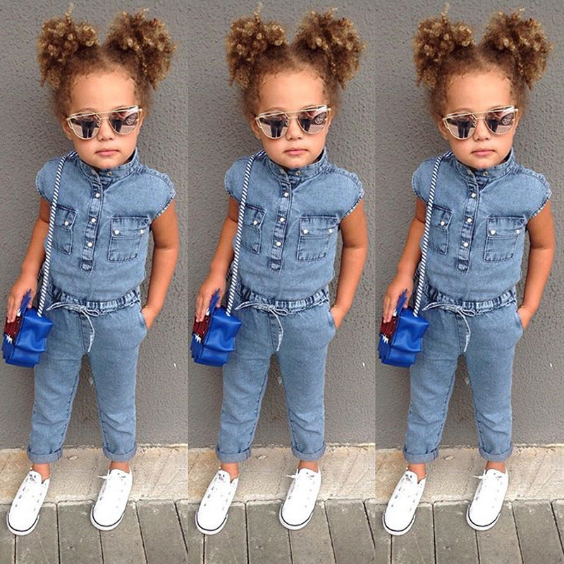 Short-Sleeved Girls Denim Jumpsuit For Kids In Summer Fashion Romper GO buy
