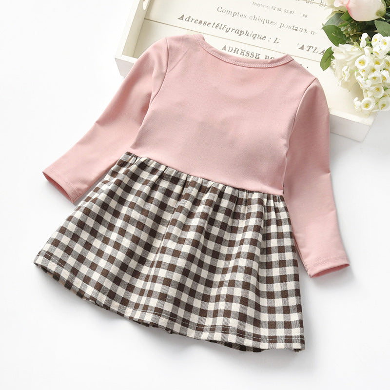 Factory Autumn Rivet Plaid Long Sleeve Children Girl Dress Girl Fake Two-piece Lace Princess Dress GO buy