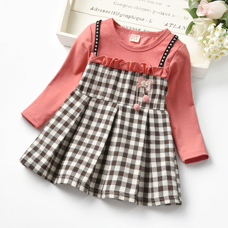 Factory Autumn Rivet Plaid Long Sleeve Children Girl Dress Girl Fake Two-piece Lace Princess Dress GO buy