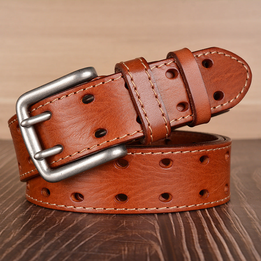Double Pin Buckle First Layer Cowhide Belt Fashion Belt Men's Cowhide Belt Men's Casual Jeans Strap GO Buy