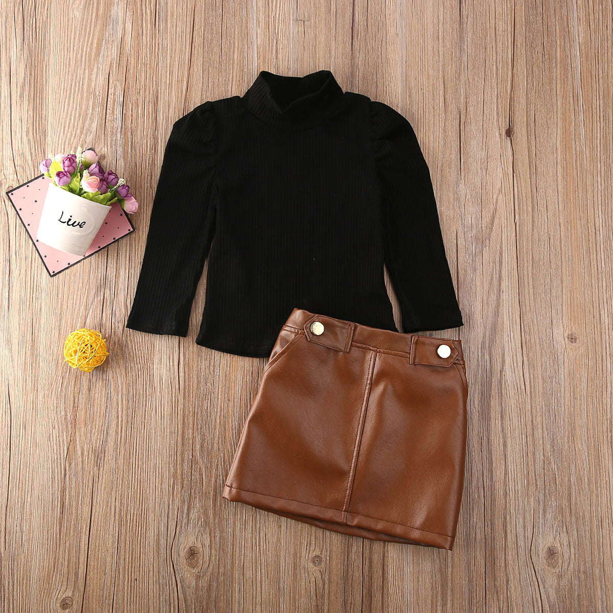 Two-piece girl's long-sleeved blouse with button pocket leather skirt GO buy
