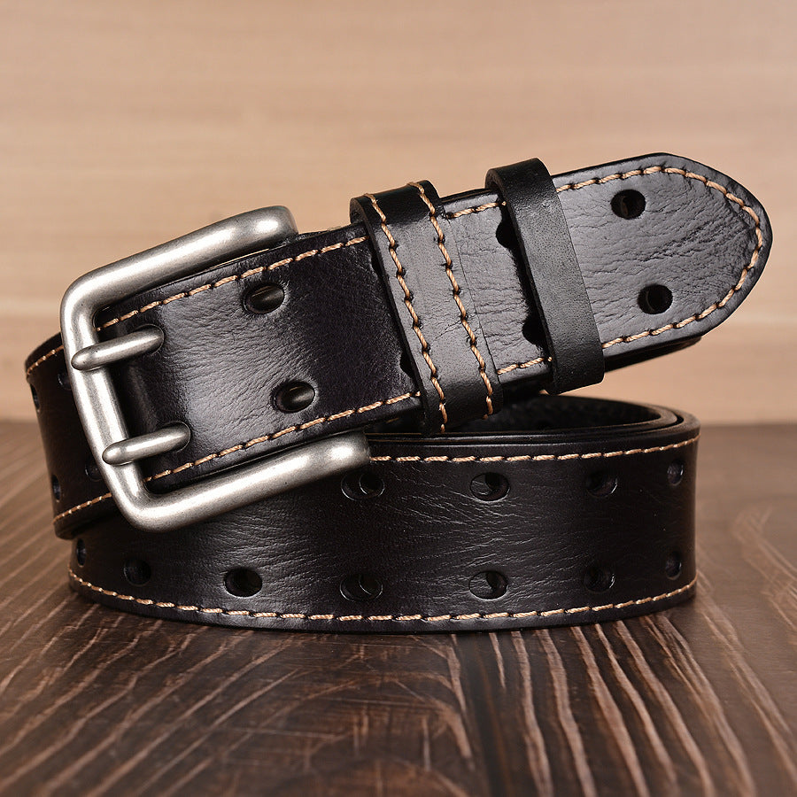 Double Pin Buckle First Layer Cowhide Belt Fashion Belt Men's Cowhide Belt Men's Casual Jeans Strap GO Buy