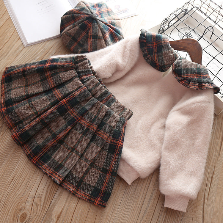 Girls' Stitching Pullover Sweater And Plaid Pleated Skirt Two-piece Suit GO buy