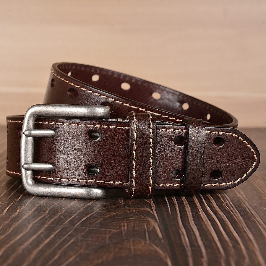 Double Pin Buckle First Layer Cowhide Belt Fashion Belt Men's Cowhide Belt Men's Casual Jeans Strap GO Buy