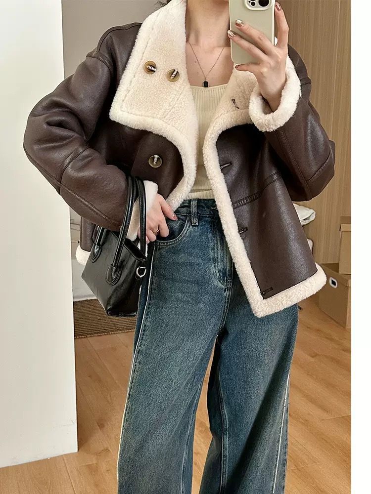 Eco-leather Inner Wool Grain Leather Grass Coat GO buy