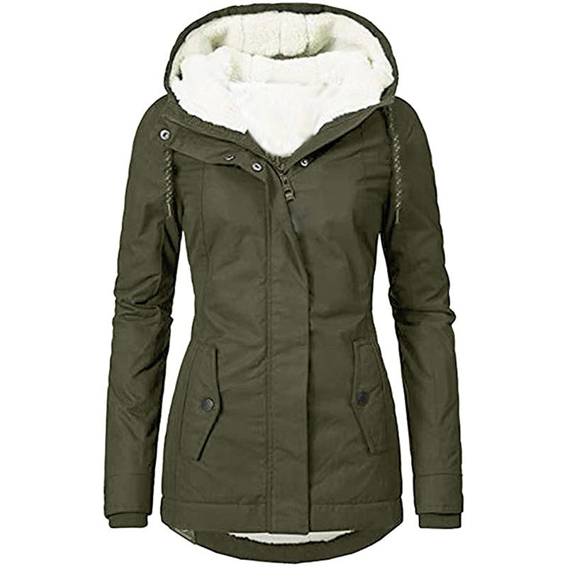 Solid Color Pocket Long-sleeve Zipper Fleece Padded Coat Women GO buy
