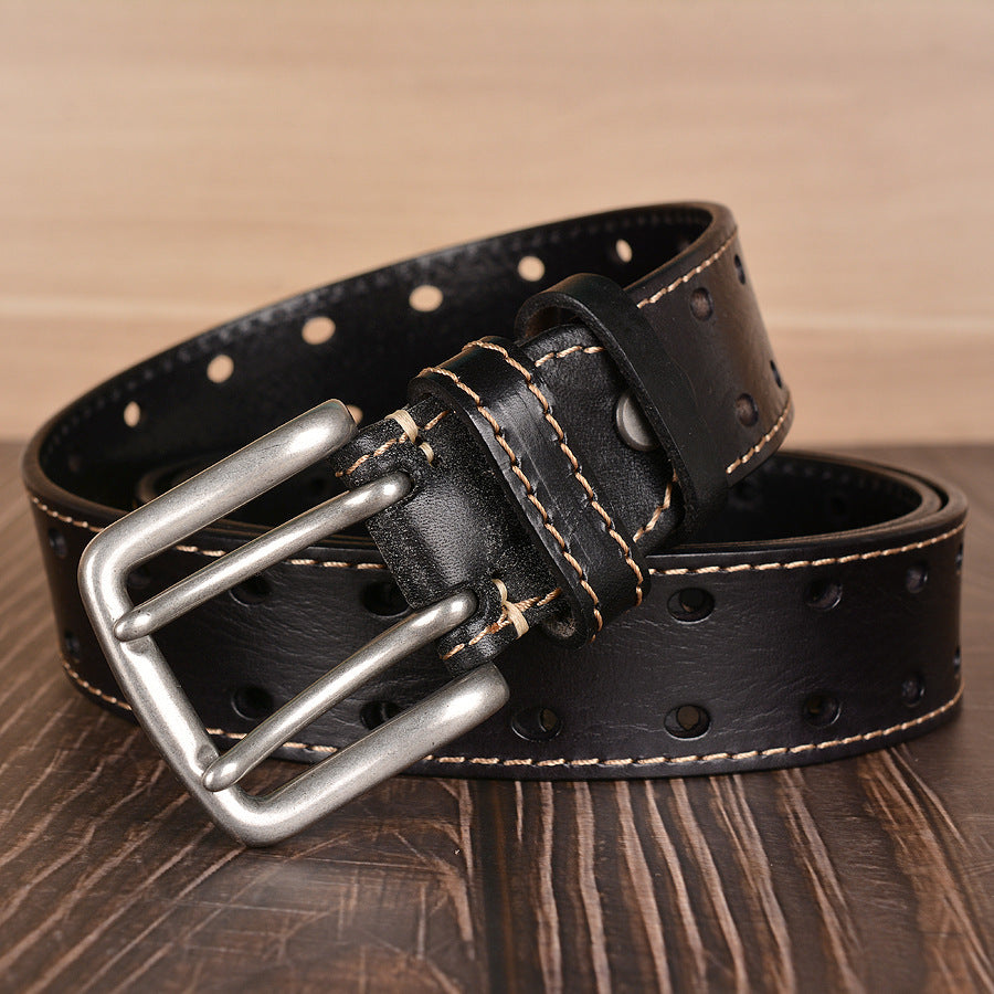 Double Pin Buckle First Layer Cowhide Belt Fashion Belt Men's Cowhide Belt Men's Casual Jeans Strap GO Buy