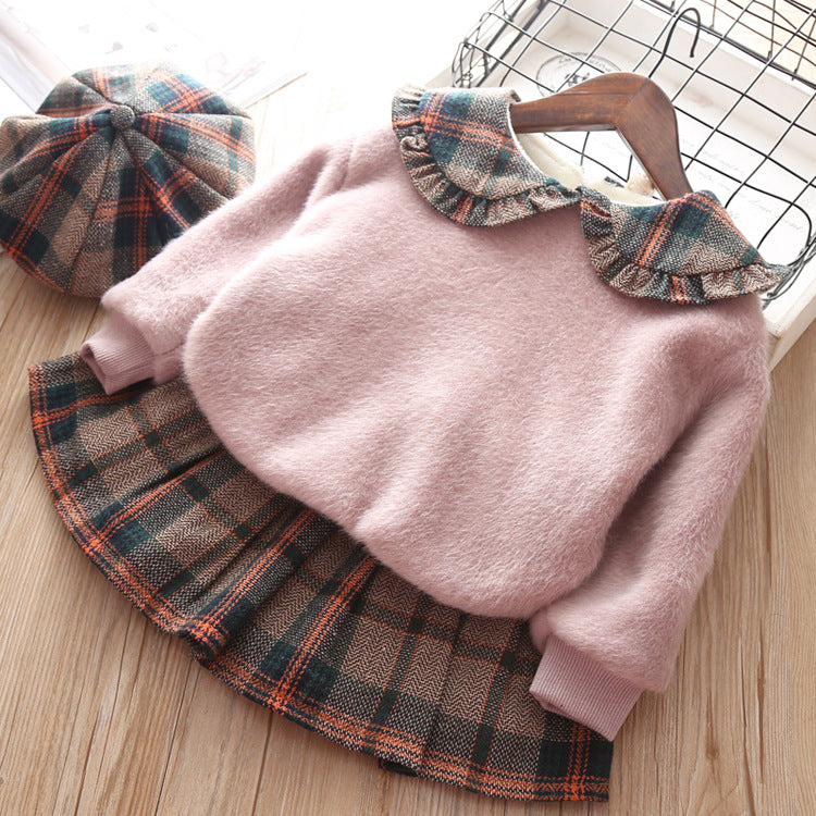 Girls' Stitching Pullover Sweater And Plaid Pleated Skirt Two-piece Suit GO buy