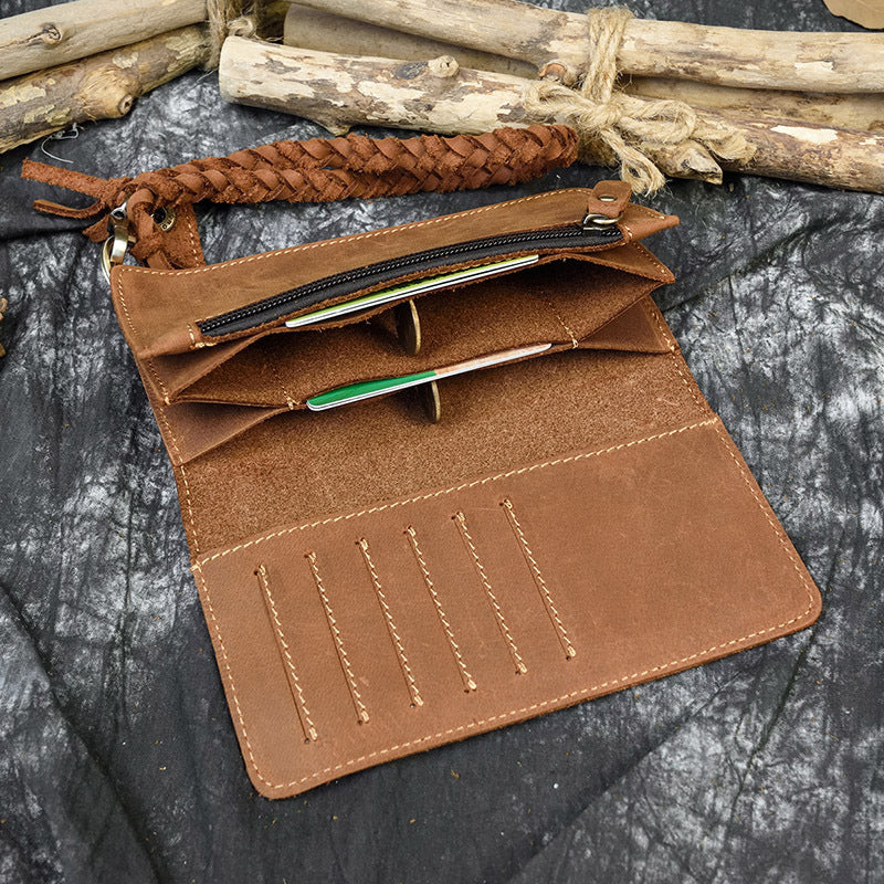 Retro Crazy Horse Leather Long Wallet Men's Buckle Leather Woven Belt Men's Outing Clutch GO Buy