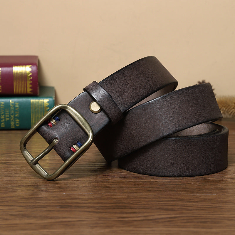 Thick Pure Copper Pin Buckle Male Genuine Cattlehide Leather Surface Retro Belt GO Buy