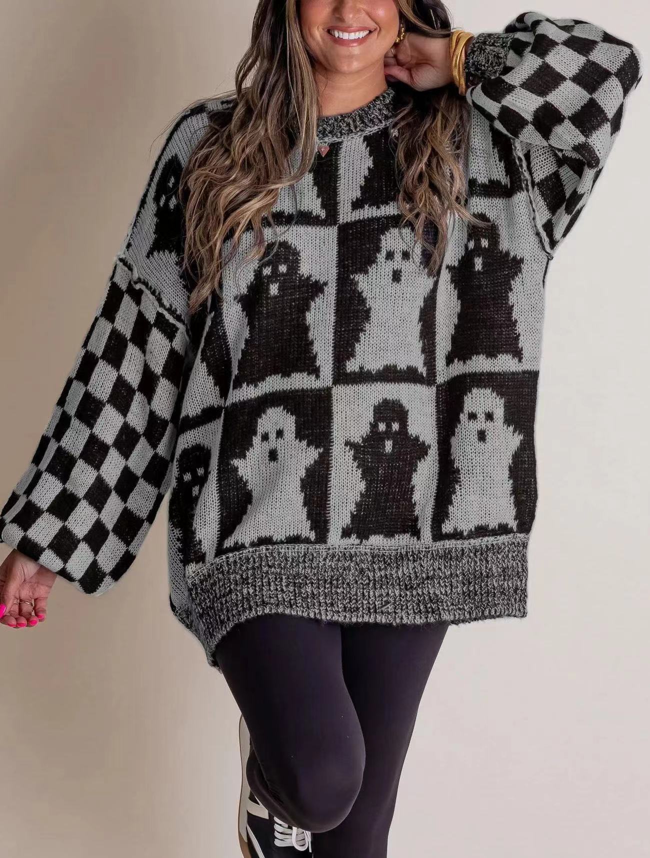 Halloween Cartoon Pumpkin Ghost Sweater Winter Loose Pullover Knitted Top Fashion Women's Clothing GO buy