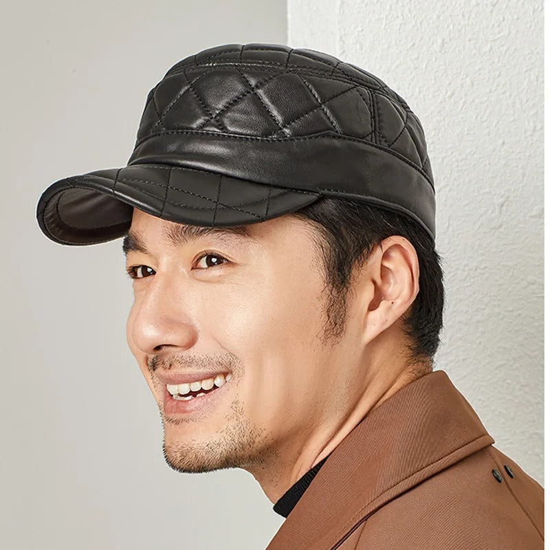 First Layer Sheepskin Hat Men's Rhombus Dome Peaked Cap Gobuy Fashion