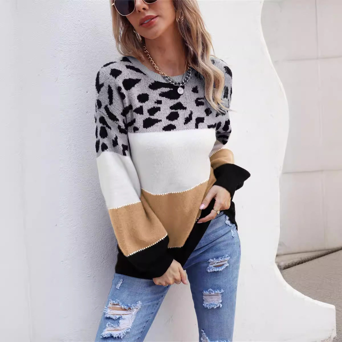 European And American Stitching Leopard Print Plus Size Crew Neck Pullover Sweater GO buy