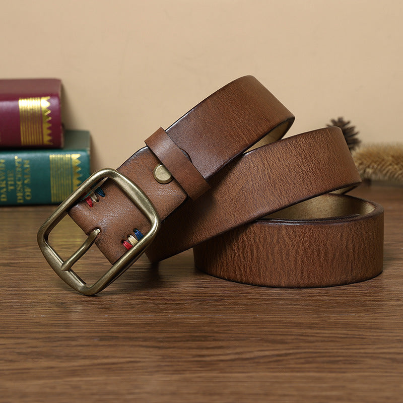 Thick Pure Copper Pin Buckle Male Genuine Cattlehide Leather Surface Retro Belt GO Buy