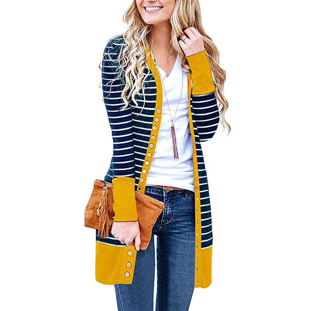Autumn And Winter Plus Size Women's Fashionable Mid-length Button Striped Cardigan Gobuy Fashion