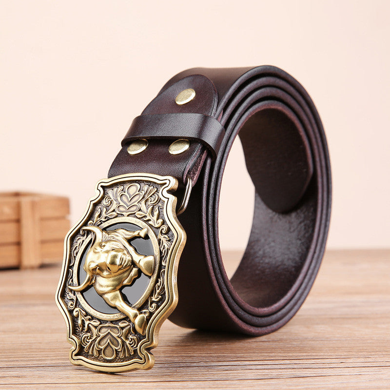 Cow Head Copper Buckle Belt Cowhide Smooth Buckle Belt GO Buy