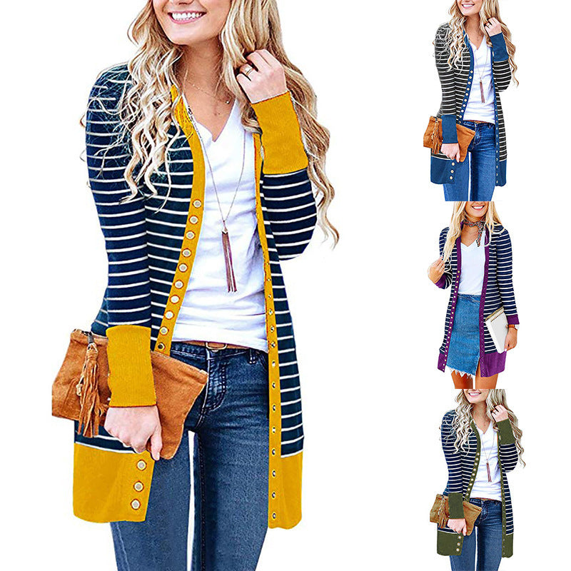 Autumn And Winter Plus Size Women's Fashionable Mid-length Button Striped Cardigan Gobuy Fashion