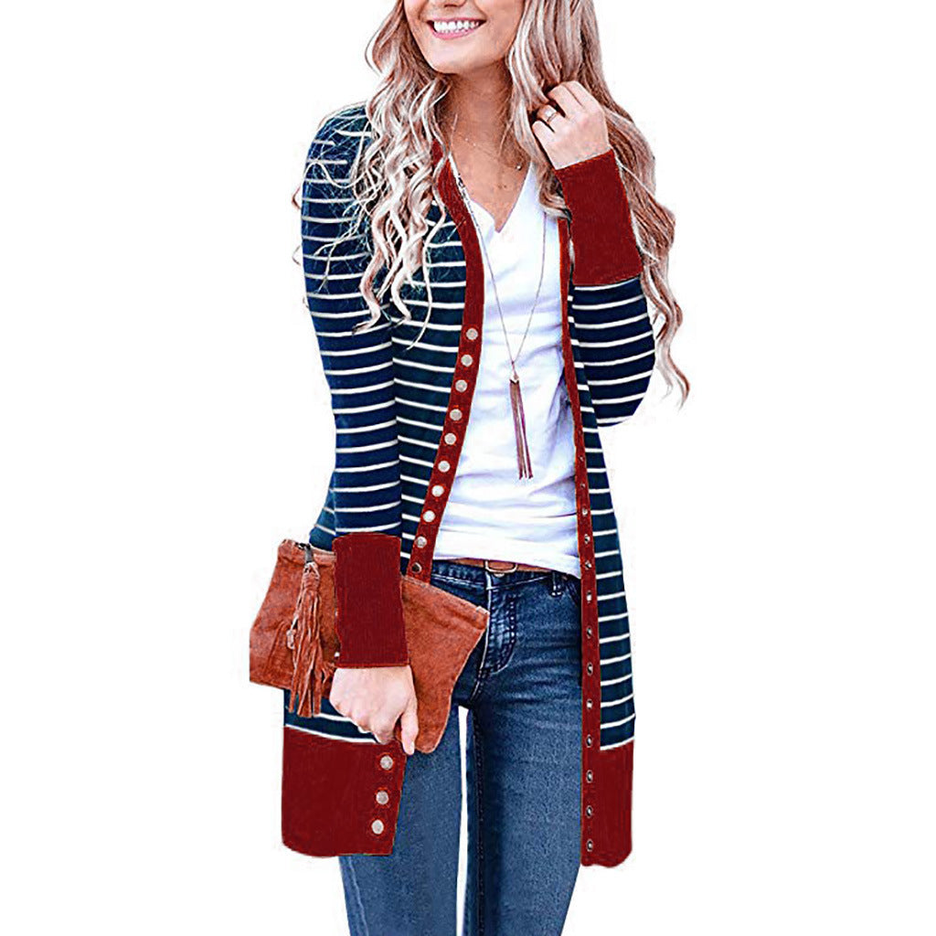 Autumn And Winter Plus Size Women's Fashionable Mid-length Button Striped Cardigan Gobuy Fashion