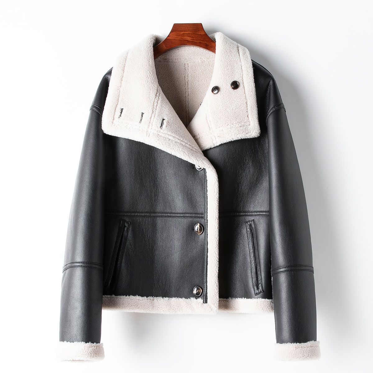 Eco-leather Inner Wool Grain Leather Grass Coat GO buy