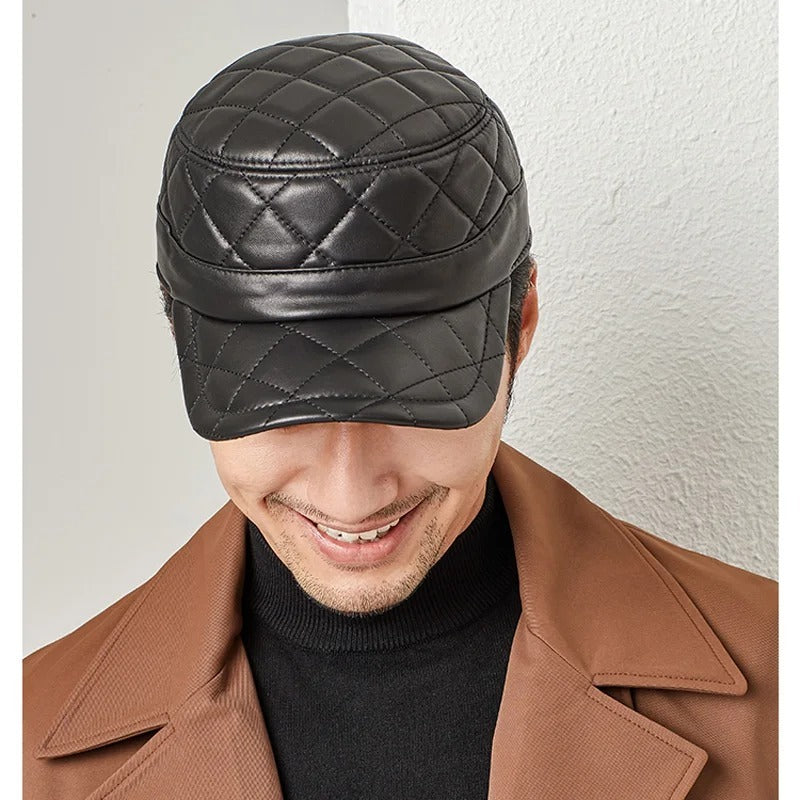 First Layer Sheepskin Hat Men's Rhombus Dome Peaked Cap Gobuy Fashion