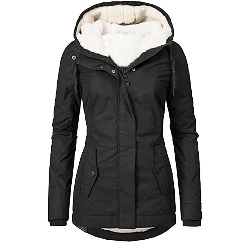 Solid Color Pocket Long-sleeve Zipper Fleece Padded Coat Women GO buy
