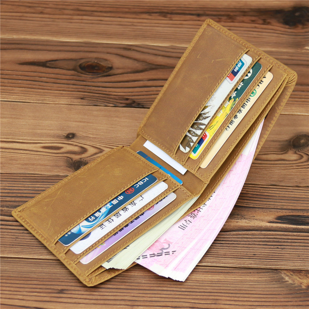 Leather Hand-stitched Short Wallet Crazy Horse Leather Cowhide Retro GO Buy
