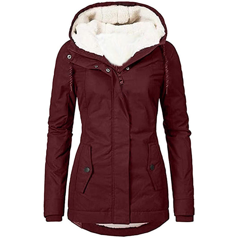 Solid Color Pocket Long-sleeve Zipper Fleece Padded Coat Women GO buy