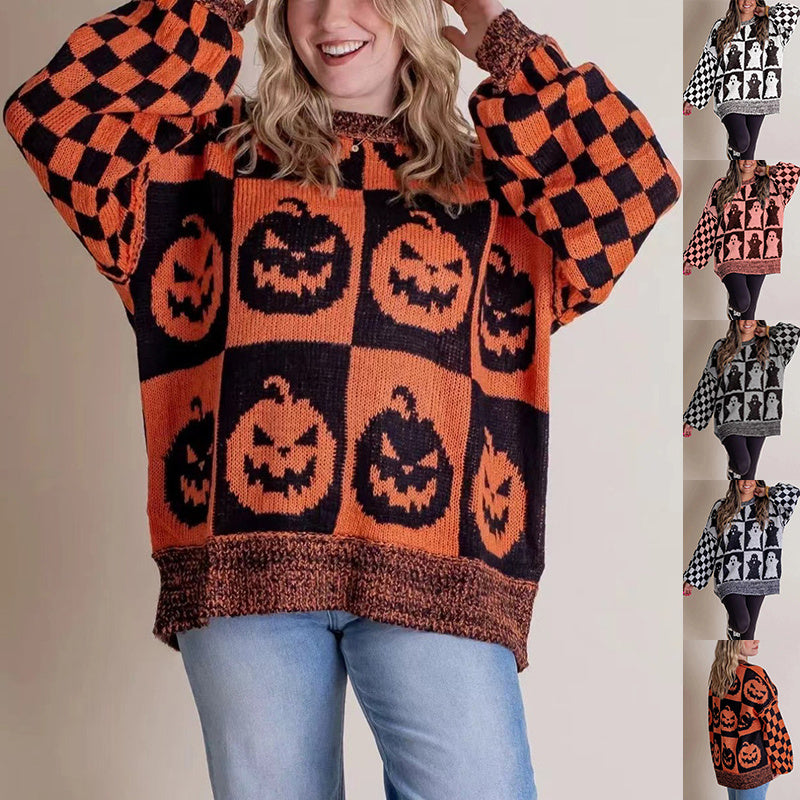 Halloween Cartoon Pumpkin Ghost Sweater Winter Loose Pullover Knitted Top Fashion Women's Clothing GO buy